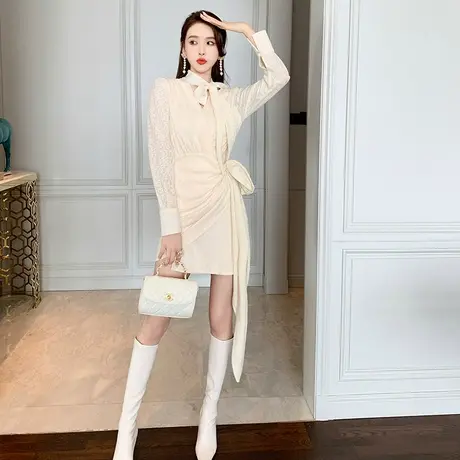优雅温柔风气质杏色连衣裙秋季女神范高级质感长袖收腰包臀短裙子图片