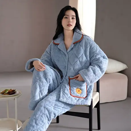 婷美睡衣女秋冬季三层加厚珊瑚绒夹棉加厚保暖女士家居服冬天套装图片