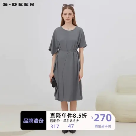 sdeer圣迪奥女装简约圆领收腰拼接短袖连衣裙S223Z12X4图片