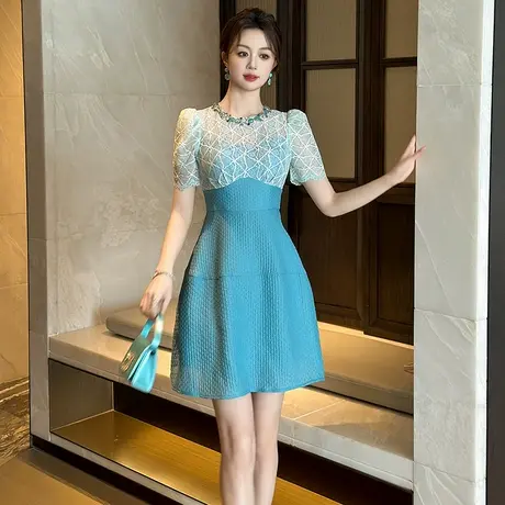 时尚宫廷风收腰a字连衣裙短款洋气显瘦高级感拼接蕾丝a字裙女夏季图片