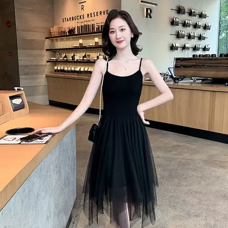 黑色吊带背心连衣裙女2025夏季新款不规则网纱中长裙显瘦打底裙子图片