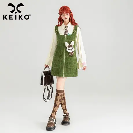 KEIKO 法式少女感果绿背带连衣裙24春季叠穿a字显瘦条绒背心裙子图片