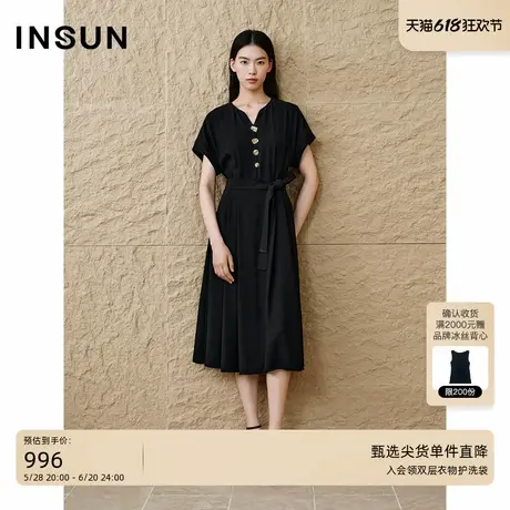 INSUN恩裳专选2025夏季时尚金属扣收腰小黑裙图片