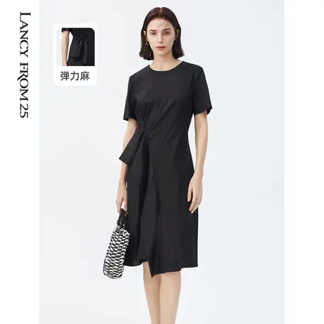 朗姿法式麻感黑色连衣裙女2022年夏季新款中长款气质收腰T恤裙图片