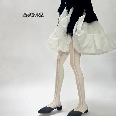 法式复古优雅侧边蕾丝白色连裤袜超薄竖条纹黑丝提花女萝莉lolita图片