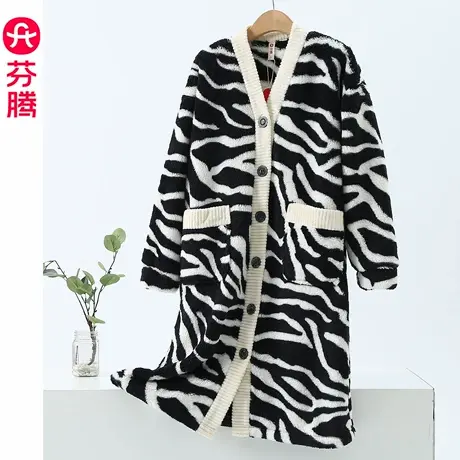 芬腾珊瑚绒女士睡袍秋冬条纹加绒加厚中长款浴袍外穿家居服2025年图片