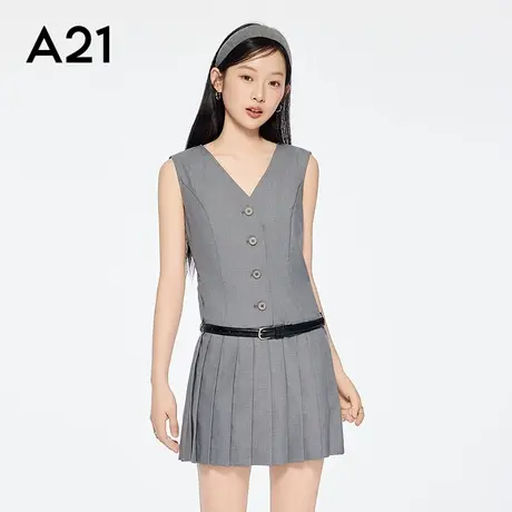 A21女装三色可选无袖V领连衣裙简约单排扣百褶A字裙图片