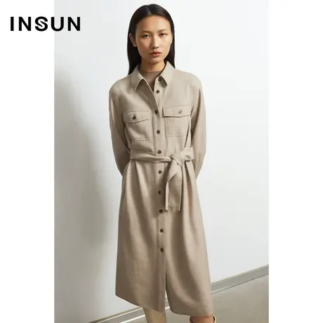INSUN恩裳秋季腰带口袋长袖衬衫连衣裙图片