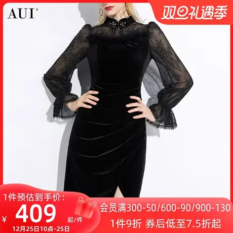 AUI黑色新中式旗袍改良连衣裙女2023冬新款名媛气质蕾丝修身裙子图片
