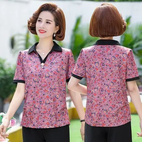 中老年女翻领t恤短袖衫 2021新款夏装中年小个子妈妈碎花衬衫上衣图片