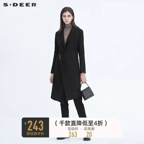 sdeer圣迪奥冬季女装休闲平驳领拼接黑色长款毛呢大衣S20481816图片