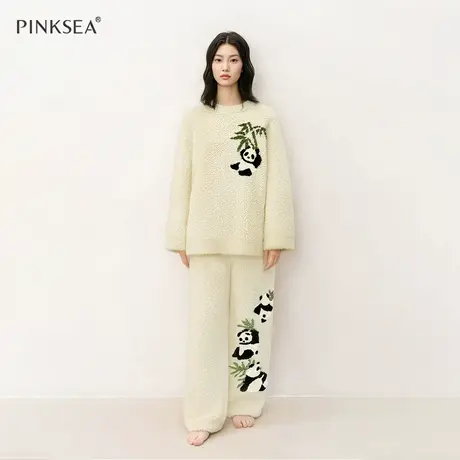 【软绵绵】睡衣女款秋冬季半边绒长袖加厚套头国风熊猫家居服套装图片
