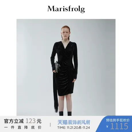 【轻社交礼服】玛丝菲尔冬季新款黑色褶皱设计V领肌理感连衣裙图片