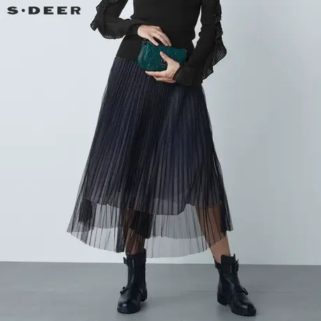 【直播间专属】sdeer圣迪奥松紧渐变百褶网纱不规则长裙S221Z1101图片