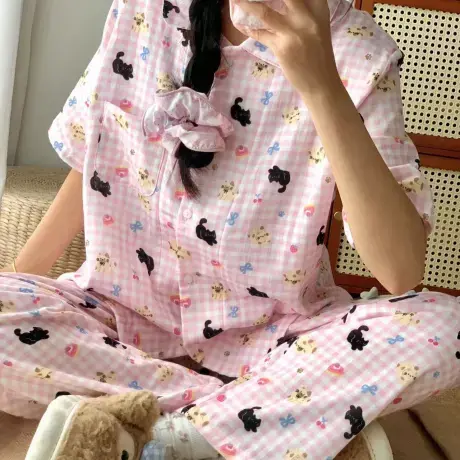 粉格纹小黑猫~可爱全棉双层纱布短袖长裤宽松舒适可外穿居家套装图片