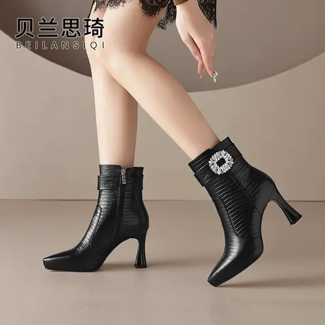 压花真皮水钻厚底粗跟短靴女2023秋冬季新款舒适百搭防水台高跟靴商品大图