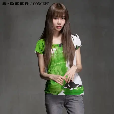 sdeer圣迪奥专柜正品女装夏装绿意水墨印染弹力短袖T恤5280122图片