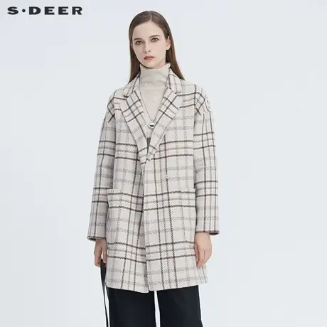 sdeer圣迪奥冬季女装英伦格纹翻领插袋双面呢中长款大衣S20461703图片