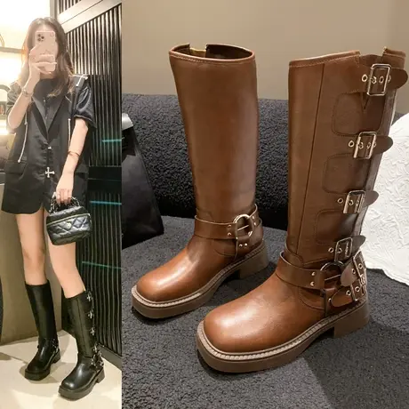 皮带扣不过膝靴子女2023新款复古长靴西部牛仔靴骑士高筒靴中筒靴商品大图