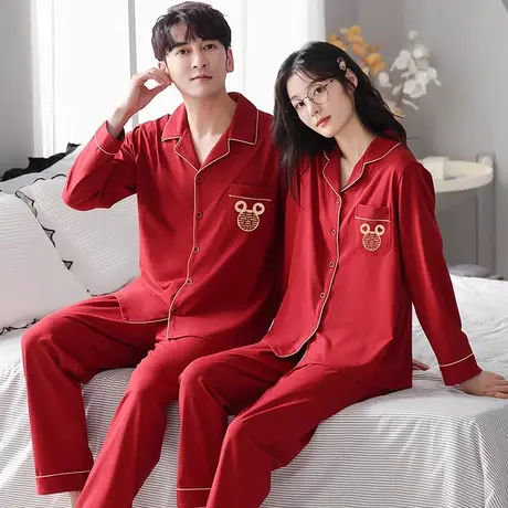 睡衣结婚新婚情侣套装大红色纯棉男士女款秋季喜意情侣睡衣春秋款商品大图