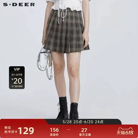 sdeer圣迪奥女装学院风休闲撞色格纹百褶短裙S21261304图片