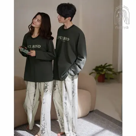 妮狄娅情侣睡衣女秋季柔软棉长袖男简约休闲春秋可外穿家居服套装图片
