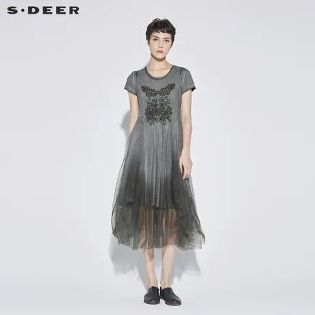 sdeer圣迪奥2019新款女夏渐变晕染植物刺绣复古感连衣裙S18281251图片