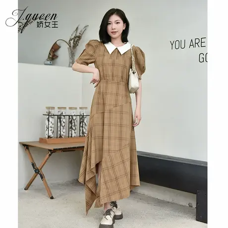 咖色POLO领连衣裙女夏季新款复古森系泡泡袖不规则格子连衣长裙子图片