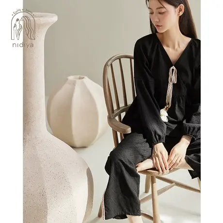妮狄娅2024睡衣女春季棉质长袖宽松套头款春秋复古外穿家居服套装图片