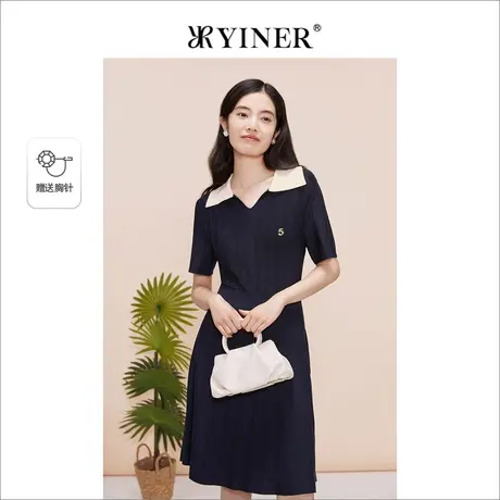 YINER音儿专选女装夏季撞色翻领针织肌理收腰连衣裙图片