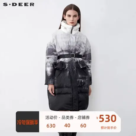 sdeer圣迪奥女装时尚高领撞色印花收腰长款羽绒服S21482433图片