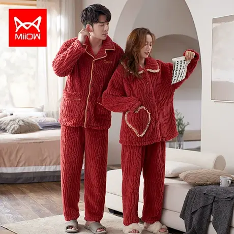 猫人情侣睡衣女士秋冬季款法兰绒加厚加绒珊瑚绒家居服红色本命年图片