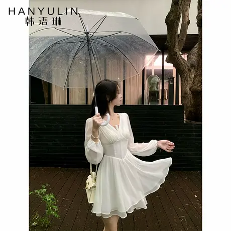 韩语琳 新品9折/高级清冷感掐腰小白裙女夏季法式V领长袖连衣裙图片