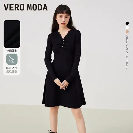 Vero Moda奥莱连衣裙子秋冬清仓时尚V领前抽褶修身A摆白色针织图片