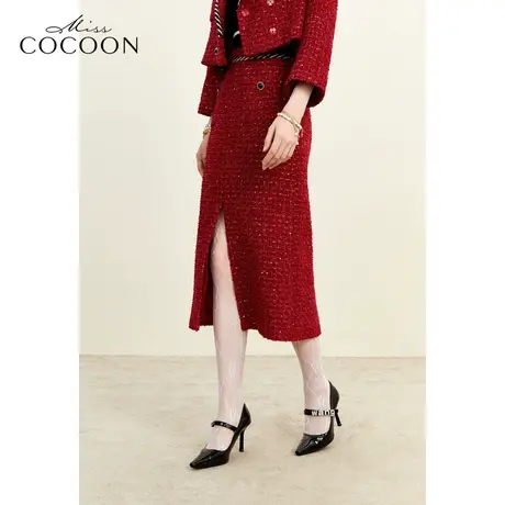 missCOCOON洋气减龄小香风2023冬装新款女撞色设计开叉A型半身裙图片