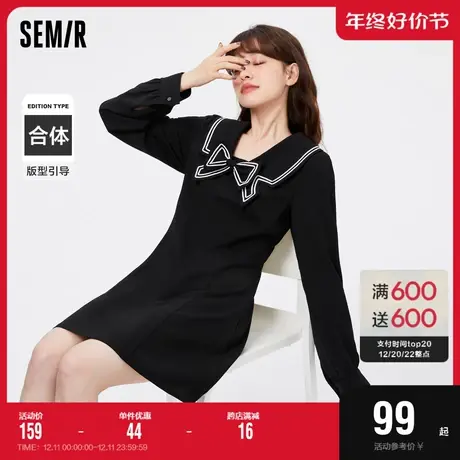 森马连衣裙女撞色学院风蝴蝶结黑白2022春新款显瘦小黑裙韩版时尚图片