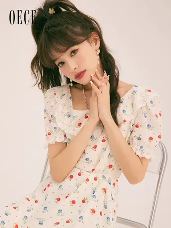 Oece复古港味碎花连衣裙2023春夏新款女装法式设计感中长款裙子图片