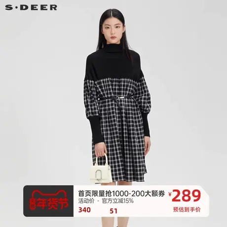 sdeer圣迪奥女装复古高领格纹收腰针织连衣裙S224Z1215图片
