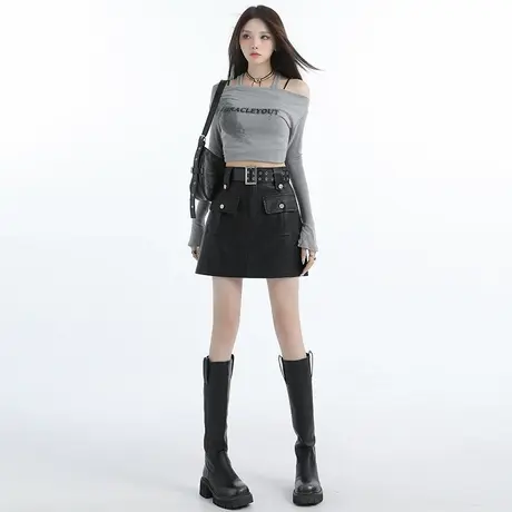 唐狮黑色A字皮短裙女2024秋冬新款时尚百搭高腰复古包臀半身裙GT图片