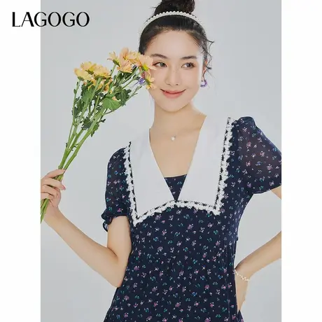【丝路花开】LAGOGO泡泡袖雪纺连衣裙女拉谷谷夏新款娃娃领甜美裙图片