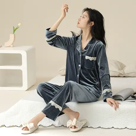 睡衣女秋冬季开衫长袖长裤金丝绒套装2023新款大码情侣春秋家居服商品大图