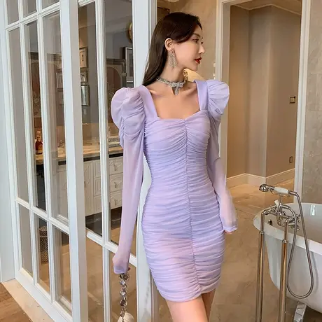 网纱泡泡袖方领连衣裙女秋装修身包臀小礼服温柔纯欲风气质短裙子图片