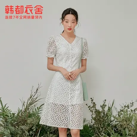 韩都衣舍中长款V领蕾丝连衣裙女夏新款气质镂空雏菊chic裙子图片