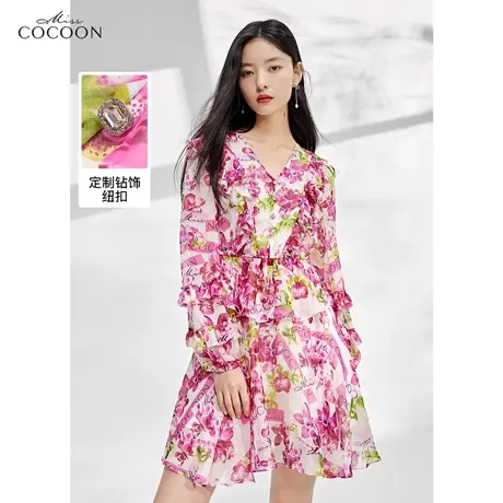 misscocoon法式真丝连衣裙女2023新款春收腰中长款印花桑蚕丝裙子图片