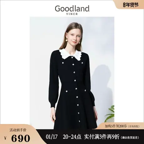 【情人节礼物】Goodland2023春钉珠纽扣装饰撞色娃娃领针织连衣裙图片