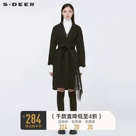 sdeer圣迪奥冬季平驳领收腰网纱印花拼接毛呢大衣女S20481824图片