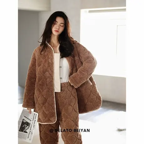 贝妍珊瑚绒睡衣女冬季加厚加绒三层夹棉家居服女开衫保暖棉袄套装图片