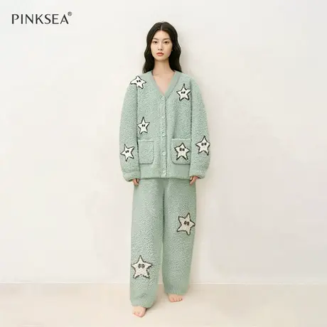 半边绒睡衣女款秋冬季加厚保暖长袖长裤高级感简约开衫家居服套装图片