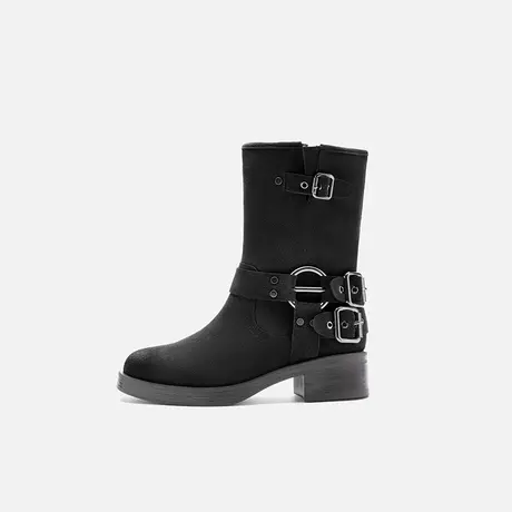 奥莱专供Nine West/玖熙骑士靴女圆头复古中靴超软绒里舒适时尚奥图片