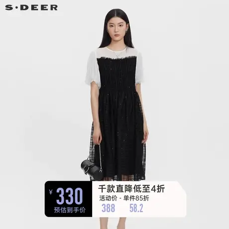 sdeer圣迪奥女装圆领雪纺撞色网纱短袖连衣裙S232Z1268图片